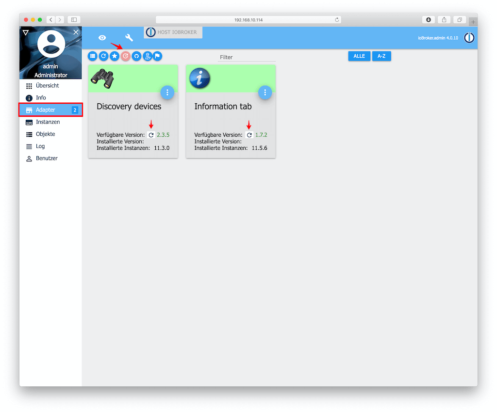 Screenshot ioBroker Adapter Übersicht - Markierung der Update Buttons